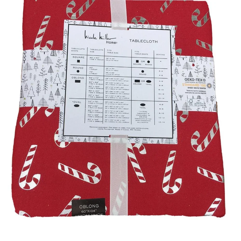 Nicole Miller Candy Cane Tablecloth Christmas Holiday Red Silver Foil 60x104
